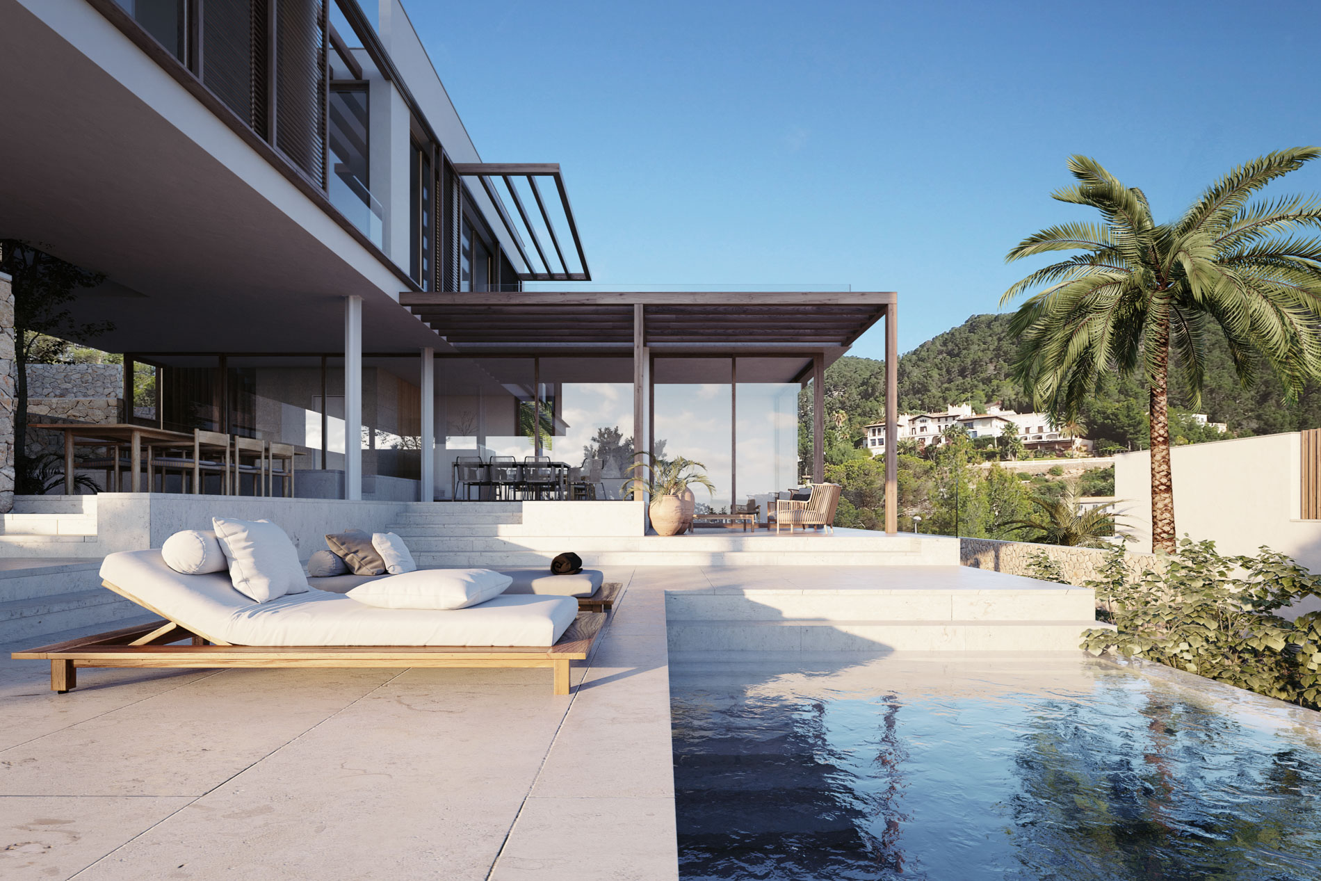 Villa de estilo contemporaneo en forma de L con piscina en la azotea con vistas al mar en Genova